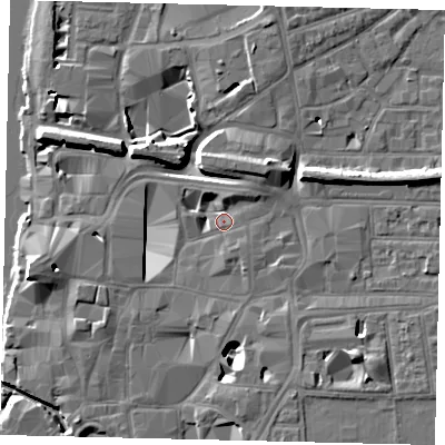 Shaded relief map of the ground around KT11SA, computed from Environment Agency LiDAR. The ground here sits at about 8 m above sea level and falls 11 m across the surrounding 800 m. Surface water reaching this point runs off ground lying to the north-east, 4.5 m higher.
