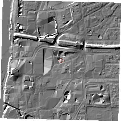 Shaded relief map of the ground around KT11SB, computed from Environment Agency LiDAR. The ground here sits at about 7 m above sea level and falls 11 m across the surrounding 800 m. Surface water reaching this point runs off ground lying to the south-east, 6.0 m higher.