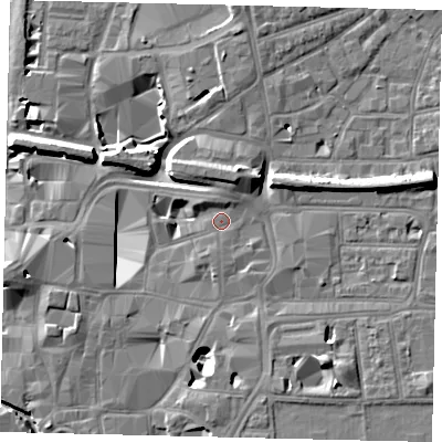 Shaded relief map of the ground around KT11SF, computed from Environment Agency LiDAR. The ground here sits at about 9 m above sea level and falls 11 m across the surrounding 800 m. Surface water reaching this point runs off ground lying to the north, 1.8 m higher.