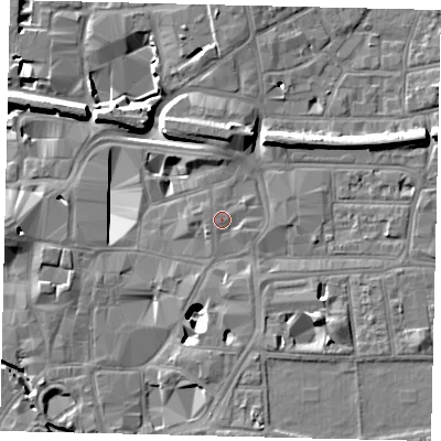 Shaded relief map of the ground around KT11SS, computed from Environment Agency LiDAR. The ground here sits at about 8 m above sea level and falls 11 m across the surrounding 800 m. Surface water reaching this point runs off ground lying to the north-east, 1.1 m higher.