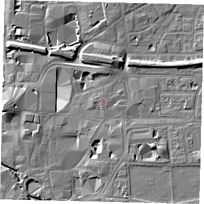Shaded relief map of the ground around KT11ST, computed from Environment Agency LiDAR. The ground here sits at about 8 m above sea level and falls 11 m across the surrounding 800 m. Surface water reaching this point runs off ground lying to the south, 0.9 m higher.