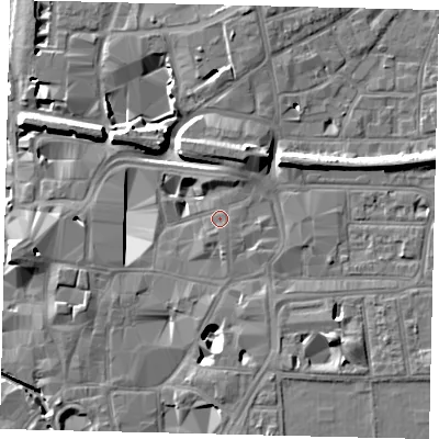 Shaded relief map of the ground around KT11SU, computed from Environment Agency LiDAR. The ground here sits at about 8 m above sea level and falls 11 m across the surrounding 800 m. Surface water reaching this point runs off ground lying to the north-north-east, 2.4 m higher.