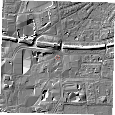 Shaded relief map of the ground around KT11SW, computed from Environment Agency LiDAR. The ground here sits at about 9 m above sea level and falls 11 m across the surrounding 800 m. Surface water reaching this point runs off ground lying to the north-west, 2.0 m higher.