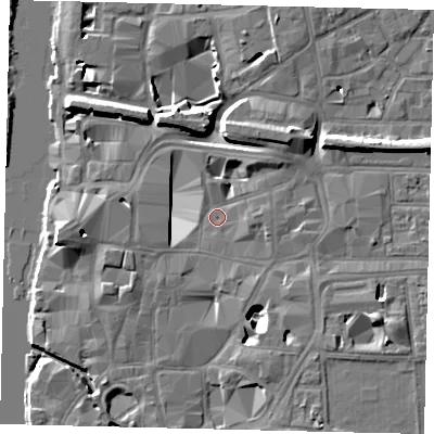 Shaded relief map of the ground around KT11SZ, computed from Environment Agency LiDAR. The ground here sits at about 7 m above sea level and falls 11 m across the surrounding 800 m. Surface water reaching this point runs off ground lying to the south-east, 8.4 m higher.