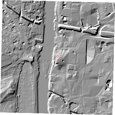 Shaded relief map of the ground around KT11TF, computed from Environment Agency LiDAR. The ground here sits at about 9 m above sea level and falls 11 m across the surrounding 800 m. Surface water reaching this point runs off ground lying to the south, 3.9 m higher.