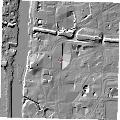Shaded relief map of the ground around KT11TP, computed from Environment Agency LiDAR. The ground here sits at about 8 m above sea level and falls 11 m across the surrounding 800 m. Surface water reaching this point runs off ground lying to the east-north-east, 7.1 m higher.