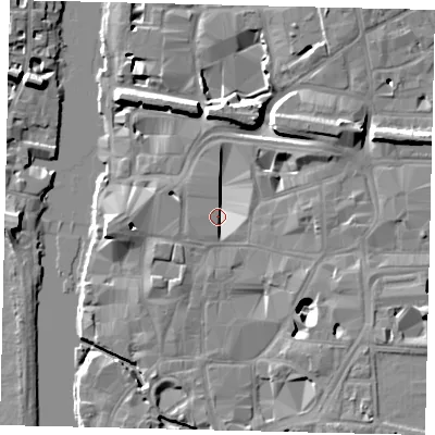 Shaded relief map of the ground around KT11TR, computed from Environment Agency LiDAR. The ground here sits at about 8 m above sea level and falls 11 m across the surrounding 800 m. Surface water reaching this point runs off ground lying to the east-north-east, 7.1 m higher.