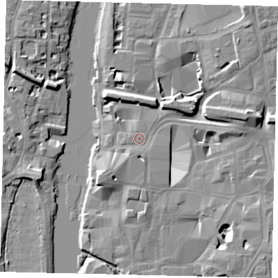 Shaded relief map of the ground around KT11TY, computed from Environment Agency LiDAR. The ground here sits at about 7 m above sea level and falls 11 m across the surrounding 800 m. Surface water reaching this point runs off ground lying to the south-south-west, 2.8 m higher.
