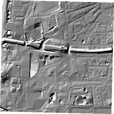 Shaded relief map of the ground around KT11UW, computed from Environment Agency LiDAR. The ground here sits at about 9 m above sea level and falls 11 m across the surrounding 800 m. Surface water reaching this point runs off ground lying to the north, 1.9 m higher.