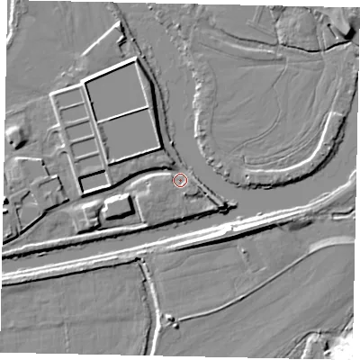 Shaded relief map of the ground around KT121QP, computed from Environment Agency LiDAR. The ground here sits at about 10 m above sea level and falls 12 m across the surrounding 800 m. Surface water reaching this point runs off ground lying to the east-south-east, 6.5 m higher.