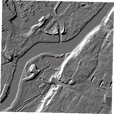 Shaded relief map of the ground around KT121QW, computed from Environment Agency LiDAR. The ground here sits at about 9 m above sea level and falls 11 m across the surrounding 800 m. Surface water reaching this point runs off ground lying to the south-east, 10.6 m higher.