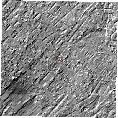 Shaded relief map of the ground around KT122AD, computed from Environment Agency LiDAR. The ground here sits at about 12 m above sea level and falls 9 m across the surrounding 800 m. Surface water reaching this point runs off ground lying to the west, 1.1 m higher.