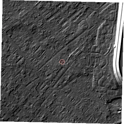 Shaded relief map of the ground around KT122AT, computed from Environment Agency LiDAR. The ground here sits at about 12 m above sea level and falls 15 m across the surrounding 800 m. Surface water reaching this point runs off ground lying to the south-west, 0.8 m higher.