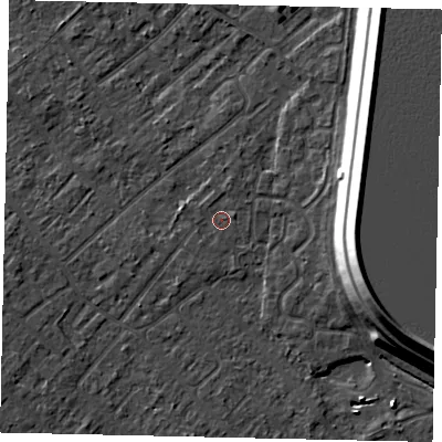 Shaded relief map of the ground around KT122AW, computed from Environment Agency LiDAR. The ground here sits at about 12 m above sea level and falls 15 m across the surrounding 800 m. Surface water reaching this point runs off ground lying to the north-north-east, 1.0 m higher.