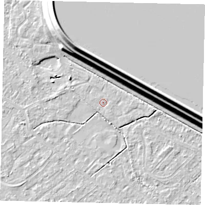 Shaded relief map of the ground around KT122BD, computed from Environment Agency LiDAR. The ground here sits at about 12 m above sea level and falls 15 m across the surrounding 800 m. Surface water reaching this point runs off ground lying to the east-south-east, 0.8 m higher.