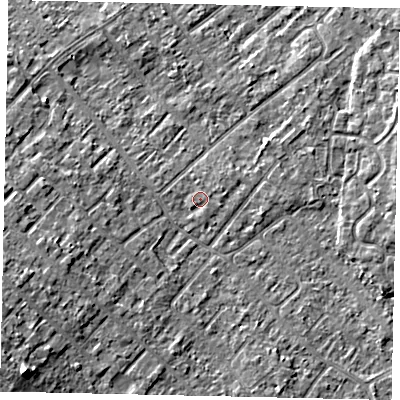 Shaded relief map of the ground around KT122BF, computed from Environment Agency LiDAR. The ground here sits at about 12 m above sea level and falls 10 m across the surrounding 800 m. Surface water reaching this point runs off ground lying to the east-north-east, 0.8 m higher.