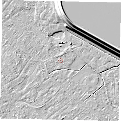 Shaded relief map of the ground around KT122BG, computed from Environment Agency LiDAR. The ground here sits at about 12 m above sea level and falls 15 m across the surrounding 800 m. Surface water reaching this point runs off ground lying to the north-north-east, 0.8 m higher.