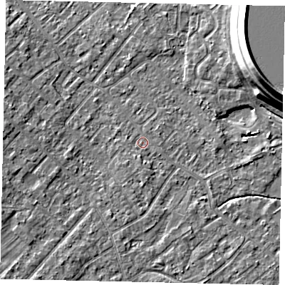 Shaded relief map of the ground around KT122BL, computed from Environment Agency LiDAR. The ground here sits at about 12 m above sea level and falls 15 m across the surrounding 800 m. The ground contributing surface water to this point lies to the south-south-east.