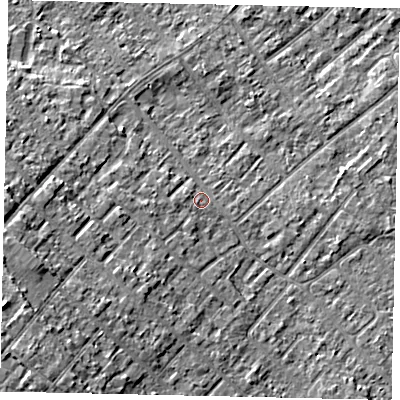 Shaded relief map of the ground around KT122BP, computed from Environment Agency LiDAR. The ground here sits at about 13 m above sea level and falls 9 m across the surrounding 800 m. Surface water reaching this point runs off ground lying to the west-south-west, 6.5 m higher.