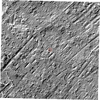 Shaded relief map of the ground around KT122BS, computed from Environment Agency LiDAR. The ground here sits at about 12 m above sea level and falls 10 m across the surrounding 800 m. Surface water reaching this point runs off ground lying to the west-south-west, 3.9 m higher.