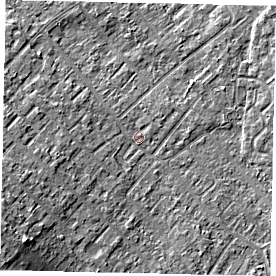 Shaded relief map of the ground around KT122BU, computed from Environment Agency LiDAR. The ground here sits at about 12 m above sea level and falls 10 m across the surrounding 800 m. Surface water reaching this point runs off ground lying to the south-west, 9.0 m higher.