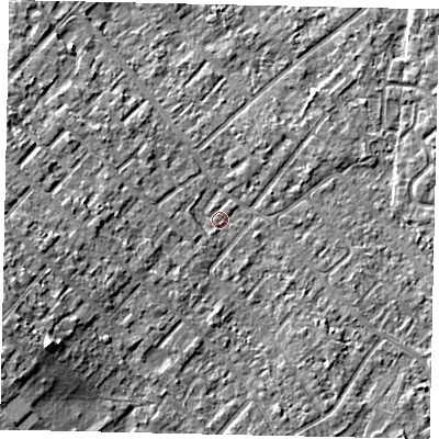 Shaded relief map of the ground around KT122BW, computed from Environment Agency LiDAR. The ground here sits at about 12 m above sea level and falls 10 m across the surrounding 800 m. Surface water reaching this point runs off ground lying to the south-south-west, 1.2 m higher.