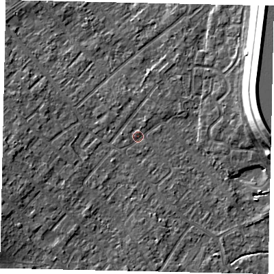 Shaded relief map of the ground around KT122DA, computed from Environment Agency LiDAR. The ground here sits at about 12 m above sea level and falls 15 m across the surrounding 800 m. Surface water reaching this point runs off ground lying to the south-west, 5.0 m higher.