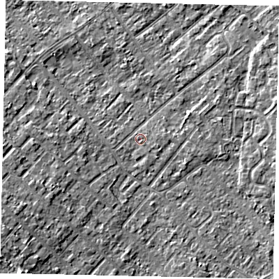 Shaded relief map of the ground around KT122DF, computed from Environment Agency LiDAR. The ground here sits at about 12 m above sea level and falls 9 m across the surrounding 800 m. Surface water reaching this point runs off ground lying to the east-south-east, 0.8 m higher.