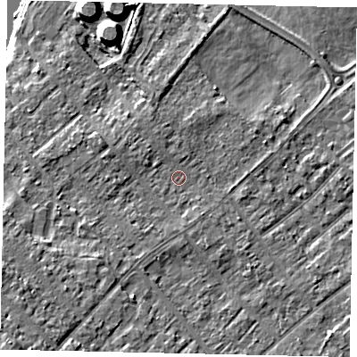 Shaded relief map of the ground around KT122DP, computed from Environment Agency LiDAR. The ground here sits at about 11 m above sea level and falls 11 m across the surrounding 800 m. Surface water reaching this point runs off ground lying to the south-west, 7.5 m higher.