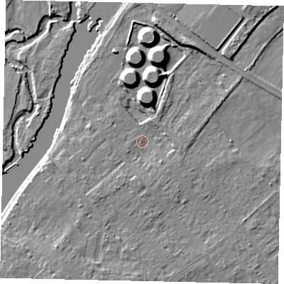 Shaded relief map of the ground around KT122DS, computed from Environment Agency LiDAR. The ground here sits at about 11 m above sea level and falls 11 m across the surrounding 800 m. Surface water reaching this point runs off ground lying to the east-south-east, 2.1 m higher.
