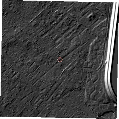 Shaded relief map of the ground around KT122EU, computed from Environment Agency LiDAR. The ground here sits at about 12 m above sea level and falls 15 m across the surrounding 800 m. Surface water reaching this point runs off ground lying to the west-south-west, 3.2 m higher.