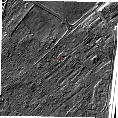 Shaded relief map of the ground around KT122HD, computed from Environment Agency LiDAR. The ground here sits at about 12 m above sea level and falls 17 m across the surrounding 800 m. Surface water reaching this point runs off ground lying to the south-east, 15.0 m higher.