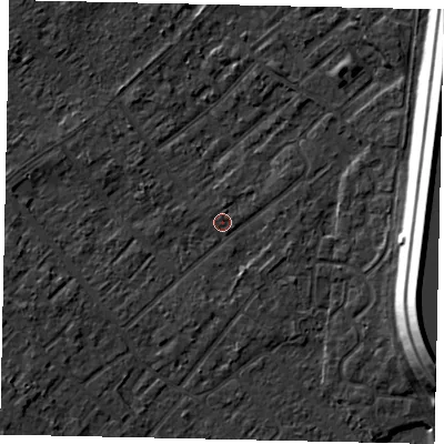 Shaded relief map of the ground around KT122HH, computed from Environment Agency LiDAR. The ground here sits at about 12 m above sea level and falls 15 m across the surrounding 800 m. Surface water reaching this point runs off ground lying to the west-south-west, 3.3 m higher.