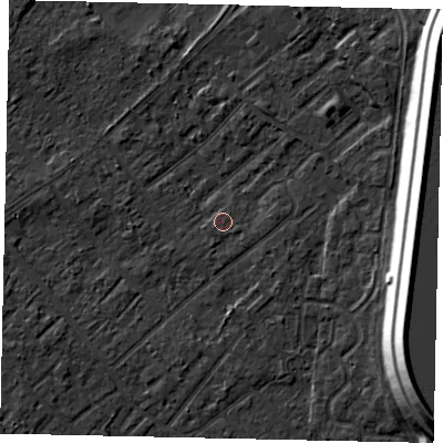 Shaded relief map of the ground around KT122HJ, computed from Environment Agency LiDAR. The ground here sits at about 12 m above sea level and falls 16 m across the surrounding 800 m. Surface water reaching this point runs off ground lying to the south-west, 1.0 m higher.