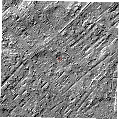 Shaded relief map of the ground around KT122HP, computed from Environment Agency LiDAR. The ground here sits at about 11 m above sea level and falls 8 m across the surrounding 800 m. Surface water reaching this point runs off ground lying to the west-south-west, 5.1 m higher.