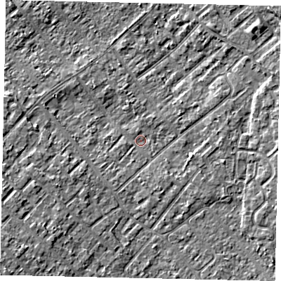 Shaded relief map of the ground around KT122HS, computed from Environment Agency LiDAR. The ground here sits at about 11 m above sea level and falls 7 m across the surrounding 800 m. Surface water reaching this point runs off ground lying to the west-south-west, 4.8 m higher.