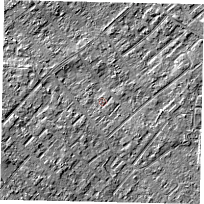 Shaded relief map of the ground around KT122HT, computed from Environment Agency LiDAR. The ground here sits at about 12 m above sea level and falls 8 m across the surrounding 800 m. Surface water reaching this point runs off ground lying to the south-west, 2.6 m higher.