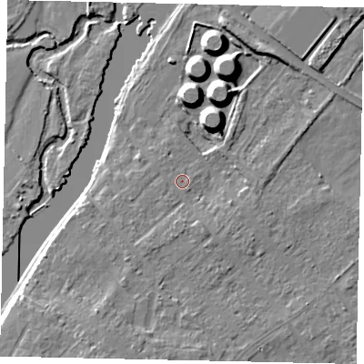 Shaded relief map of the ground around KT122HY, computed from Environment Agency LiDAR. The ground here sits at about 11 m above sea level and falls 11 m across the surrounding 800 m. Surface water reaching this point runs off ground lying to the south-south-east, 2.2 m higher.
