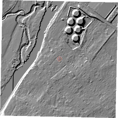 Shaded relief map of the ground around KT122JA, computed from Environment Agency LiDAR. The ground here sits at about 11 m above sea level and falls 11 m across the surrounding 800 m. Surface water reaching this point runs off ground lying to the south-east, 2.1 m higher.