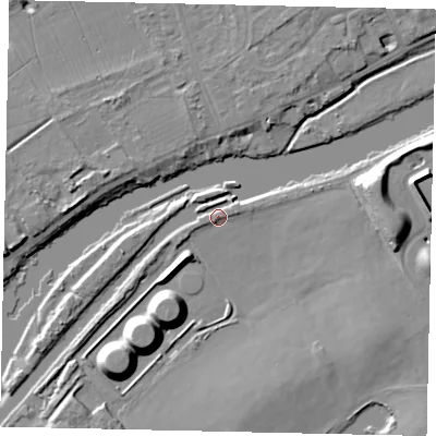 Shaded relief map of the ground around KT122JD, computed from Environment Agency LiDAR. The ground here sits at about 10 m above sea level and falls 11 m across the surrounding 800 m. Surface water reaching this point runs off ground lying to the north-north-east, 1.5 m higher.