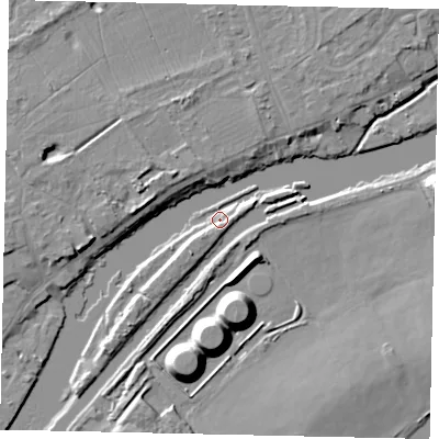 Shaded relief map of the ground around KT122JE, computed from Environment Agency LiDAR. The ground here sits at about 8 m above sea level and falls 11 m across the surrounding 800 m. Surface water reaching this point runs off ground lying to the south-west, 4.2 m higher.