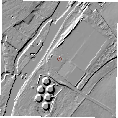Shaded relief map of the ground around KT122JG, computed from Environment Agency LiDAR. The ground here sits at about 12 m above sea level and falls 12 m across the surrounding 800 m. Surface water reaching this point runs off ground lying to the north-north-east, 3.3 m higher.