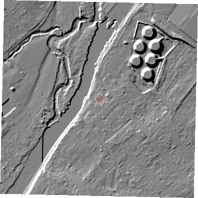 Shaded relief map of the ground around KT122JQ, computed from Environment Agency LiDAR. The ground here sits at about 11 m above sea level and falls 11 m across the surrounding 800 m. Surface water reaching this point runs off ground lying to the south-east, 1.3 m higher.