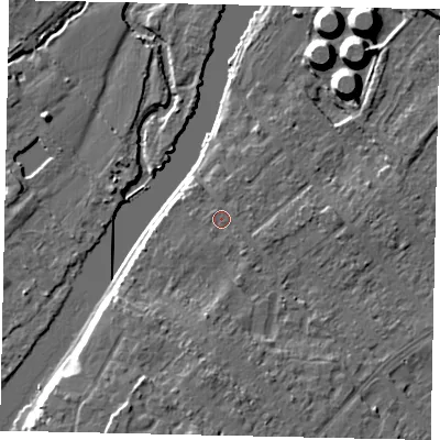 Shaded relief map of the ground around KT122LD, computed from Environment Agency LiDAR. The ground here sits at about 11 m above sea level and falls 11 m across the surrounding 800 m. Surface water reaching this point runs off ground lying to the south-south-west, 5.4 m higher.