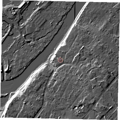 Shaded relief map of the ground around KT122PF, computed from Environment Agency LiDAR. The ground here sits at about 14 m above sea level and falls 14 m across the surrounding 800 m. Surface water reaching this point runs off ground lying to the north-east, 1.8 m higher.