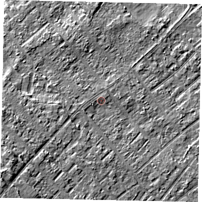 Shaded relief map of the ground around KT122SA, computed from Environment Agency LiDAR. The ground here sits at about 12 m above sea level and falls 10 m across the surrounding 800 m. Surface water reaching this point runs off ground lying to the west-south-west, 1.3 m higher.