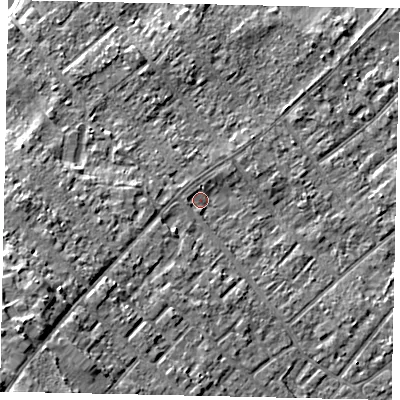 Shaded relief map of the ground around KT122SE, computed from Environment Agency LiDAR. The ground here sits at about 12 m above sea level and falls 12 m across the surrounding 800 m. Surface water reaching this point runs off ground lying to the south-west, 5.1 m higher.