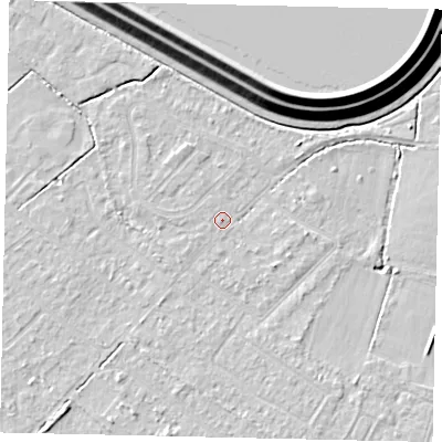 Shaded relief map of the ground around KT123AP, computed from Environment Agency LiDAR. The ground here sits at about 12 m above sea level and falls 16 m across the surrounding 800 m. Surface water reaching this point runs off ground lying to the south-east, 1.5 m higher.