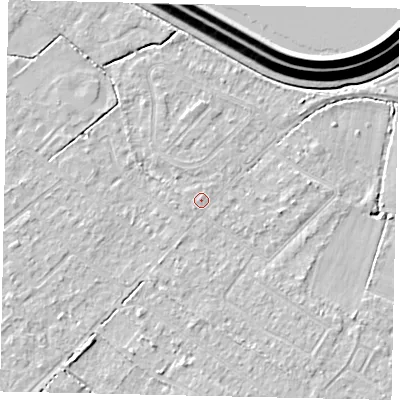 Shaded relief map of the ground around KT123AR, computed from Environment Agency LiDAR. The ground here sits at about 12 m above sea level and falls 16 m across the surrounding 800 m. Surface water reaching this point runs off ground lying to the south-south-east, 1.5 m higher.