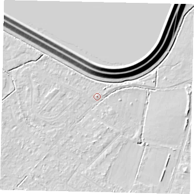 Shaded relief map of the ground around KT123AS, computed from Environment Agency LiDAR. The ground here sits at about 12 m above sea level and falls 16 m across the surrounding 800 m. Surface water reaching this point runs off ground lying to the south, 2.0 m higher.